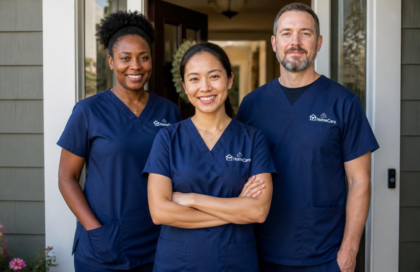Three caregivers in navy uniforms standing together outside a client's home